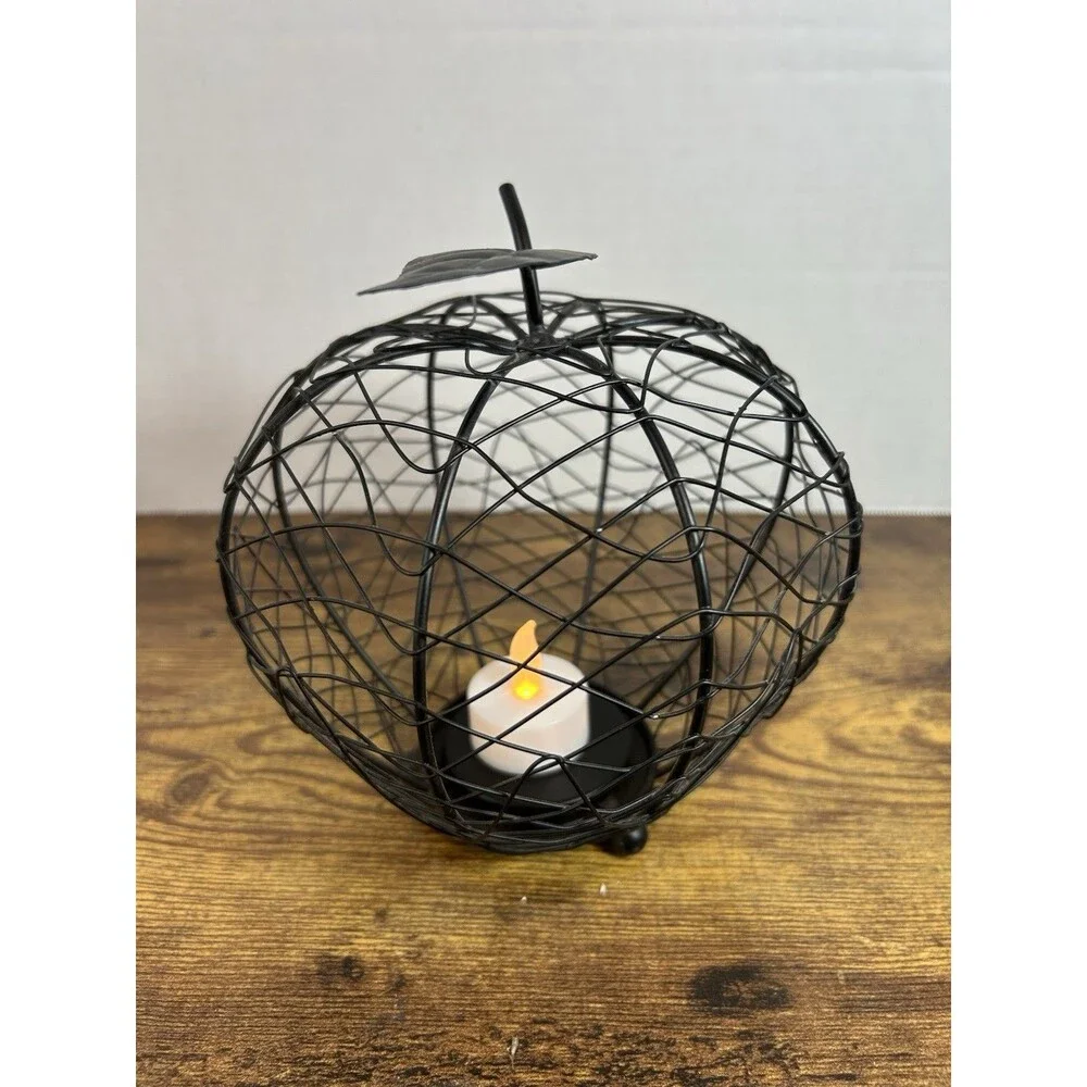 Vintage Black Wire Apple Candle Holder Teacher Fall Gift Farmhouse Decor 7 inch